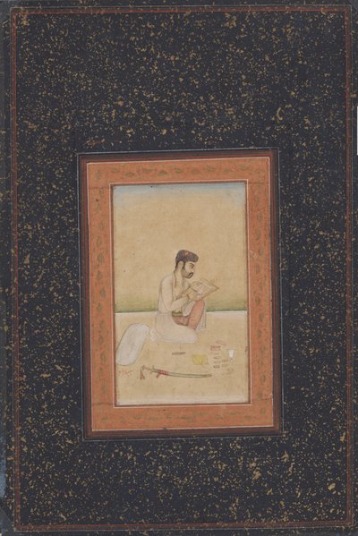 Behzad målaren med glasögon (bläck, färg & guld på papper) av Indian School