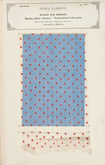 Bootee-muslinprov broderat med fläckar från Dacca i Bengalen, från The Collection of the Textile Manufacturers of India, av John Forbes Watson, publicerad 1866 av Indian School