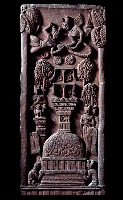 Buddhism: "" Mahaparinirva a ou parinirvana, slutet på Buddhas jordiska existens, når nirvana"" (Parinirvana, sista nirvana, som inträffar vid döden av Buddhas kropp) detail du stupa de Bharhut (Barhut, Barouth) Låg relief av svart av Indian School