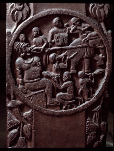 Buddhism: "Apor fångar en elefant och drar den för att dra ut jättens tand) detail du stupa de Bharhut (Barhut, Barouth) Lågrelief av svart sten, 2:a århundradet f.Kr. (2:a århundradet f.Kr.) - Calcutta, indiskt museum av Indian School
