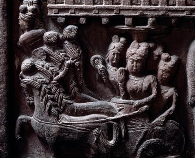 Buddhism: "" Prasenjits sista besök i Buddha" (Prasanjits sista besök i Buddha) detail du stupa de Bharhut (Barhut, Barouth) Lågrelief av svart sten, 2:a århundradet f.Kr. (2:a århundradet f.Kr.) - Kolkata, indiskt museum av Indian School