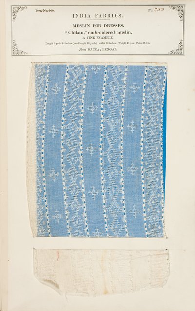Chikan broderat muslinprov från Dacca i Bengalen, från The Collection of the Textile Manufacturers of India, av John Forbes Watson, publicerad 1866 av Indian School