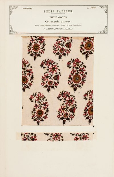 Grovt bomullstryckprov från Masulipatam i Madras, från The Collection of the Textile Manufacturers of India, av John Forbes Watson, publicerad 1866 av Indian School