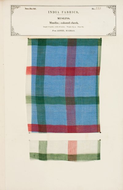 Färgat rutigt muslinprov från Arnee i Madras, från The Collection of the Textile Manufacturers of India, av John Forbes Watson, publicerad 1866 av Indian School
