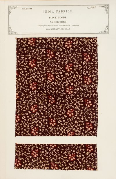 Bomullstryckprov från Bellary i Madras, från The Collection of the Textile Manufacturers of India, av John Forbes Watson, publicerad 1866 av Indian School