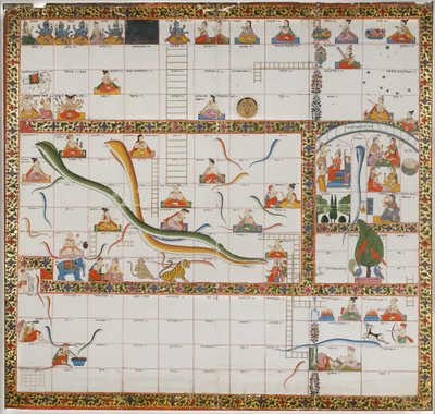 Design för spelet Snakes and Ladders, 1800 (gouache på papper monterad på tyg) av Indian School