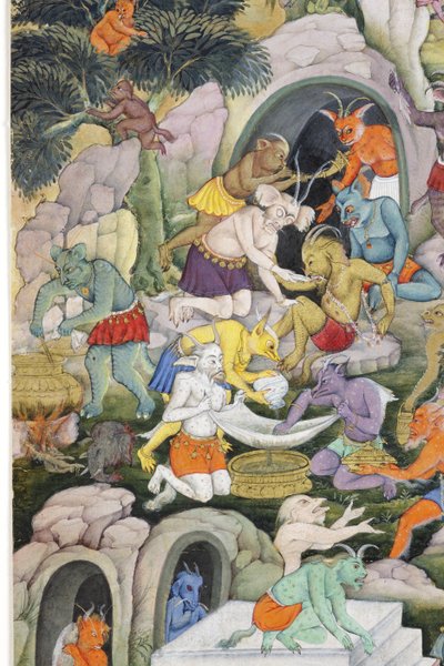 Detalj från Demons in a Wild Landscape, ca 1600 (ogenomskinlig wc & guld på papper) av Indian School