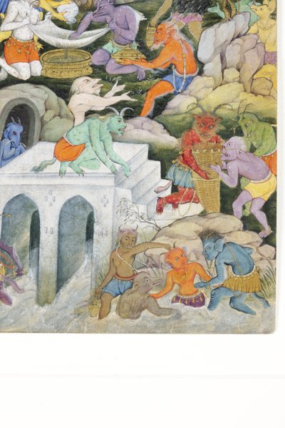 Detalj från Demons in a Wild Landscape, ca 1600 (ogenomskinlig wc & guld på papper) av Indian School