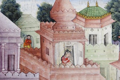 Detalj från Krishna klyver demonen Narakasura med sin diskus, ca 1585-90 (ogenomskinlig wc & guld på papper) av Indian School