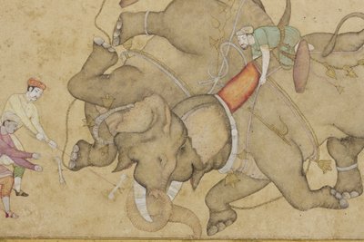 Detalj från en elefantstrid, med blommig arabesk på kanten, ca 1610 (ogenomskinlig wc & guld på papper) av Indian School