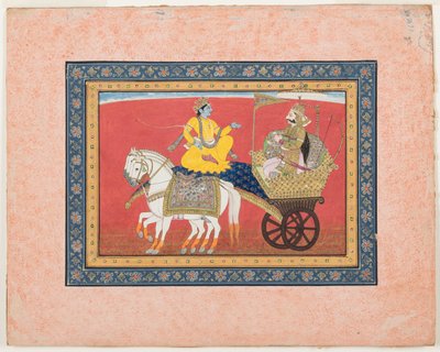 Dialog mellan Krishna och Arjuna på slagfältet i Kurukshetra, ca 1820 (ogenomskinlig akvarell och guld på papper) av Indian School