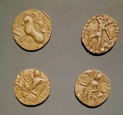 Dinarer från Samudragupta (335-375) Kumaragupta I (415-454) och Chandragupta I (320-335) (guld) av Indian School
