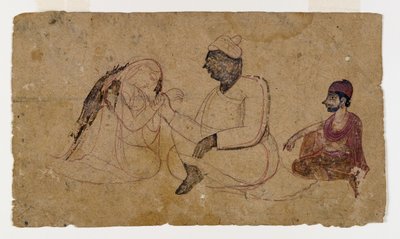Ritning av tre sittande figurer, ca 1750 (bläck & färg på papper) av Indian School