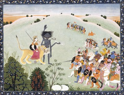 Durga och Kali står inför den framryckande skaran av demoner, ca 1800-1820 av Indian School