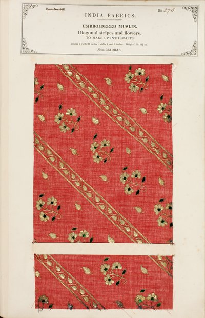 Broderat muslinprov från Madras, från The Collection of the Textile Manufacturers of India, av John Forbes Watson, publicerad 1866 av Indian School