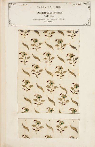 Broderat muslinprov från Madras, från The Collection of the Textile Manufacturers of India, av John Forbes Watson, publicerad 1866 av Indian School