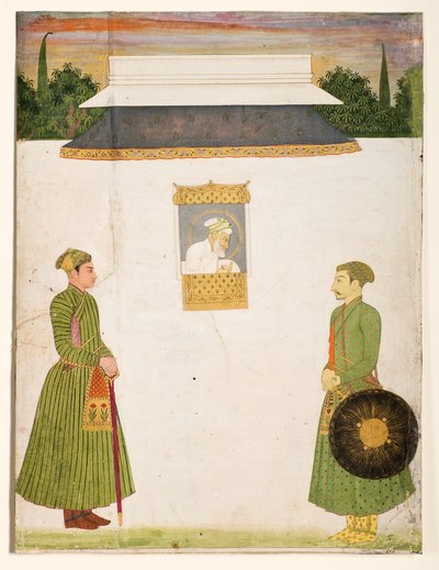 Kejsar Aurangzeb vid ett jharokha-fönster, två adelsmän i förgrunden, ca 1710 (ogenomskinligt wc guld på papper) av Indian School