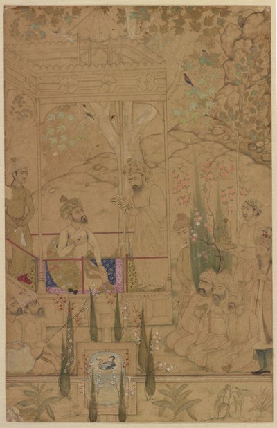 Kejsar Babur med skötare i en trädgård, ca 1590 av Indian School