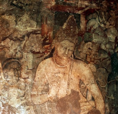Avsnitt av målningen Buddhas liv i grotta 1 av Indian School