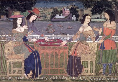 Européer som fräschar upp sig på en balkong, Mughal, möjligen Deccan (ogenomskinlig wc på papper) av Indian School