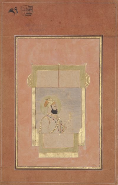 Farrukh Siyyar sittande vid ett fönster, med en guldsarpech, ca 1715 (ogenomskinlig wc & guld på papper) av Indian School