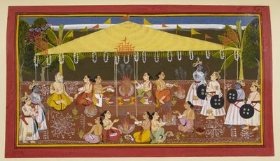 Figurer under en gul baldakin av Indian School