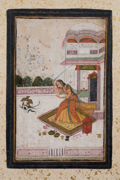 Tjej som jagar en katt (gouache på papper, guldutsmyckning) av Indian School