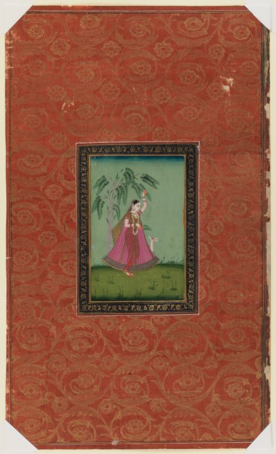 Flicka med en hjort, 1875-1900 (ogenomskinlig wc & guld på papper) av Indian School