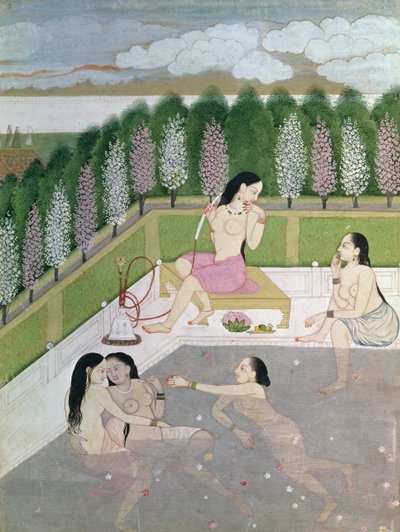 Girls Bathing, Pahari Style, Kangra School, Himachal Pradesh, 1700-talet av Indian School