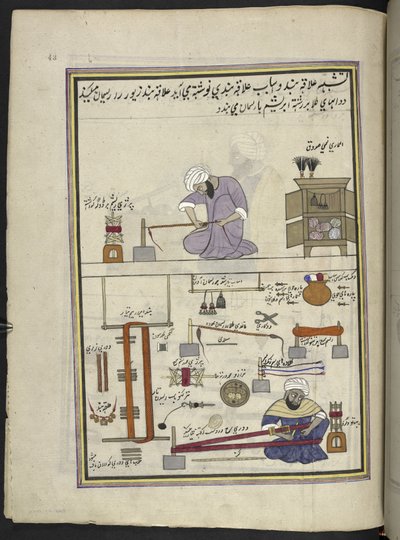 Guldspets- och flätmakare,  86 teckningar inbundna i en volym som visar yrken och yrken i Kashmir, hantverkare visas i arbete med sina redskap och utrustning,  Av en Kashmir-konstnär, troligen i Srinagar, ca 1850-60 (gouache på papper) av Indian School