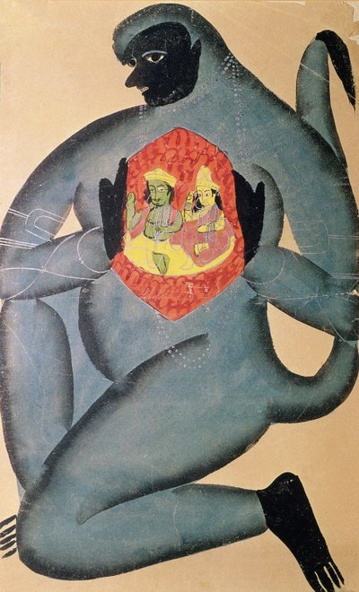 Hanuman avslöjar Rama och Sita inskrivna i hans hjärta, målad av en medlem av Patua-kasten, 1880 av Indian School