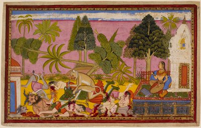 Hanumān attackerar demonerna, förstör lustgården och besegrar Rāvaṇas styrkor medan Sītā ser på. 1653 (miniatyr) av Indian School