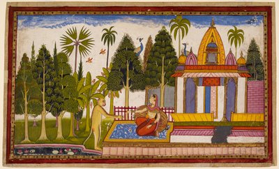 Hanumān visar sig för Sītā och erbjuder sig att rädda henne, men hon insisterar på att endast Rāma kan göra det och ger honom en juvel för Rāma. 1653 (miniatyr) av Indian School