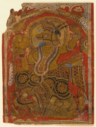 Harinegameshin bär embryot, fragment av ett blad från en spridd Kalpasutra (wc & guld på papper) av Indian School