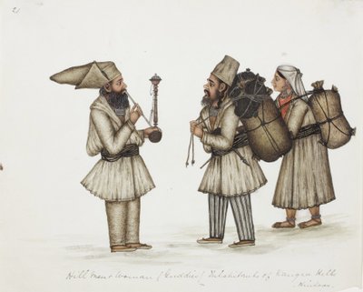 Hill Men and Woman (Guddies) Invånare i Kangra Hills Hindoes, ca 1840 (ogenomskinlig wc på papper) av Indian School