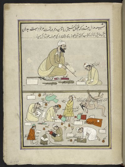 Hindulärare med elever,  86 teckningar inbundna i en volym som visar yrken och yrken i Kashmir, hantverkare visas i arbete med sina redskap och utrustning,  Av en Kashmir-konstnär, troligen i Srinagar, ca 1850-60 (gouache på papper) av Indian School
