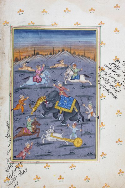 Jaktscen, Rajasthani miniatyrmålning av Indian School