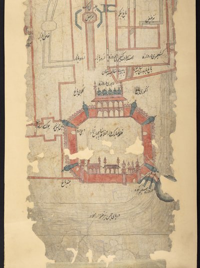 IO Islamic 4725 Fort of Delhi och området i norr, avsnitt från en rulla som skildrar "Ruten från Delhi till Kandahar" (bläck och färg på papper) av Indian School