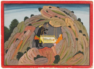 Illustration till Bhagavata Purana: Jambavan ger Symantaka juvelen till sin dotter att spela, ca 1760-65 av Indian School
