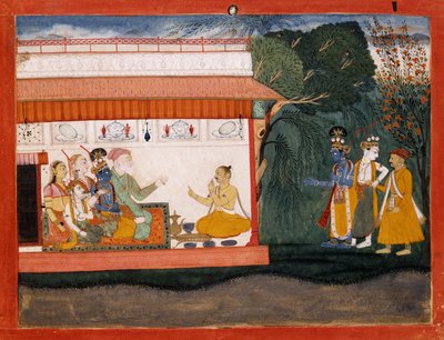 Illustration till Bhagvata Purana som visar Balarama som tar Akrura i hand med sin yngre bror Krishna, ca 1700 av Indian School