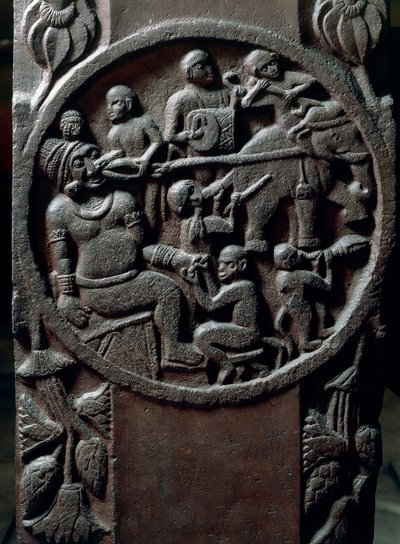 Indisk konst, hinduism: lågrelief som representerar apor som sliter en tand från en jätte med hjälp av elefanter. 2:a århundradet f.Kr. Kolkata, indiskt museum av Indian School