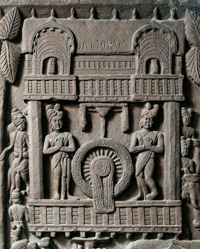 Indisk konst, hinduism: lågrelief som representerar kung Prasenjit II:s sista besök hos Gautama Buddha (Buddha). 2:a århundradet f.Kr. Kolkata, indiskt museum av Indian School