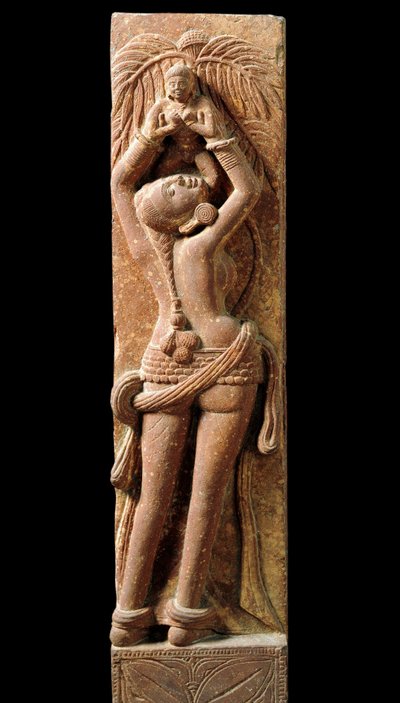 Indisk konst: reliefstrumpor som föreställer en mor och hennes barn. Period Kouchane (Kuchan eller Kushan) 1:a århundradet - New Delhi, nationalmuseum av Indian School