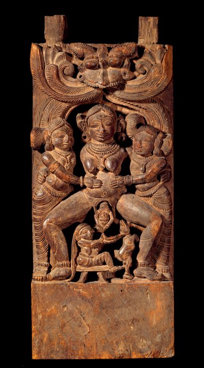 Indisk konst: representation av Mahamai, modergudinna, födande. Trärelief från 1700-talet Privat samling av Indian School