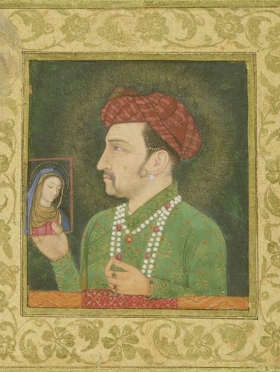 Jahangir håller i en bild av madonnan, med inskription på persiska: Janhangir Shah, mogul av Indian School