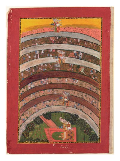 Resa genom okända länder, från Krishnas resor i hans vagn, ca 1750 (ogenomskinlig wc, guld & silver på papper) av Indian School