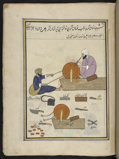 Knivslipare,  86 teckningar inbundna i en volym som visar yrken och yrken i Kashmir, hantverkare visas i arbete med sina redskap och utrustning,  Av en Kashmir-konstnär, troligen i Srinagar, ca 1850-60 (gouache på papper) av Indian School