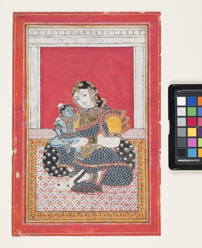 Krishna Och Yashoda (gouache, silver och bladguld på papper) av Indian School