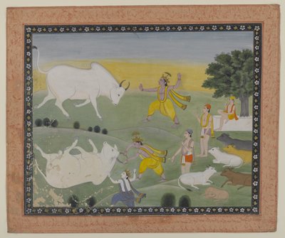 Krishna Besegrar Bull Demon (akvarell på papper) av Indian School