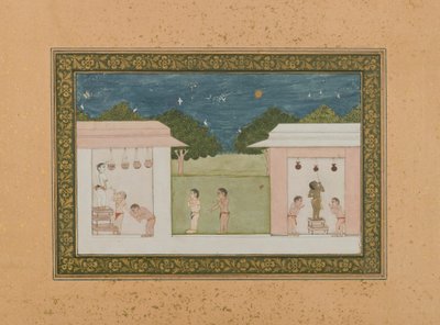 Krishna Stealing Curds, ca 1775 (ogenomskinlig wc & guld på papper) av Indian School